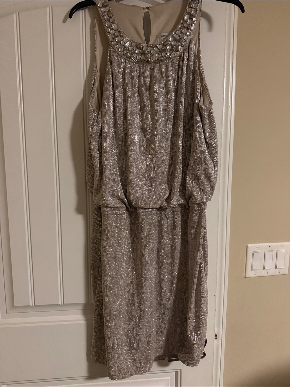 Beaded Neckline Metallic Taupe Midi Dress
